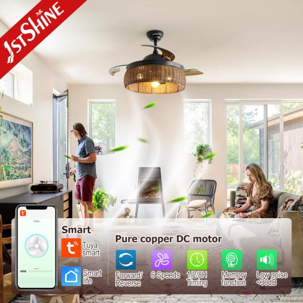 Smart Control Design Rústico Ventilador de Tecto de Rattan com Lâmina Retrátil e Kit de Luz