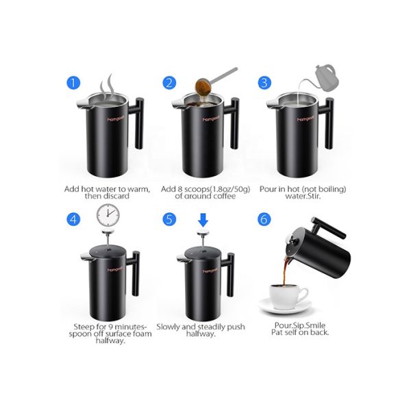 1000ml 34oz Stainless Steel French Press Coffee Pot Double Wall Matte Black Color