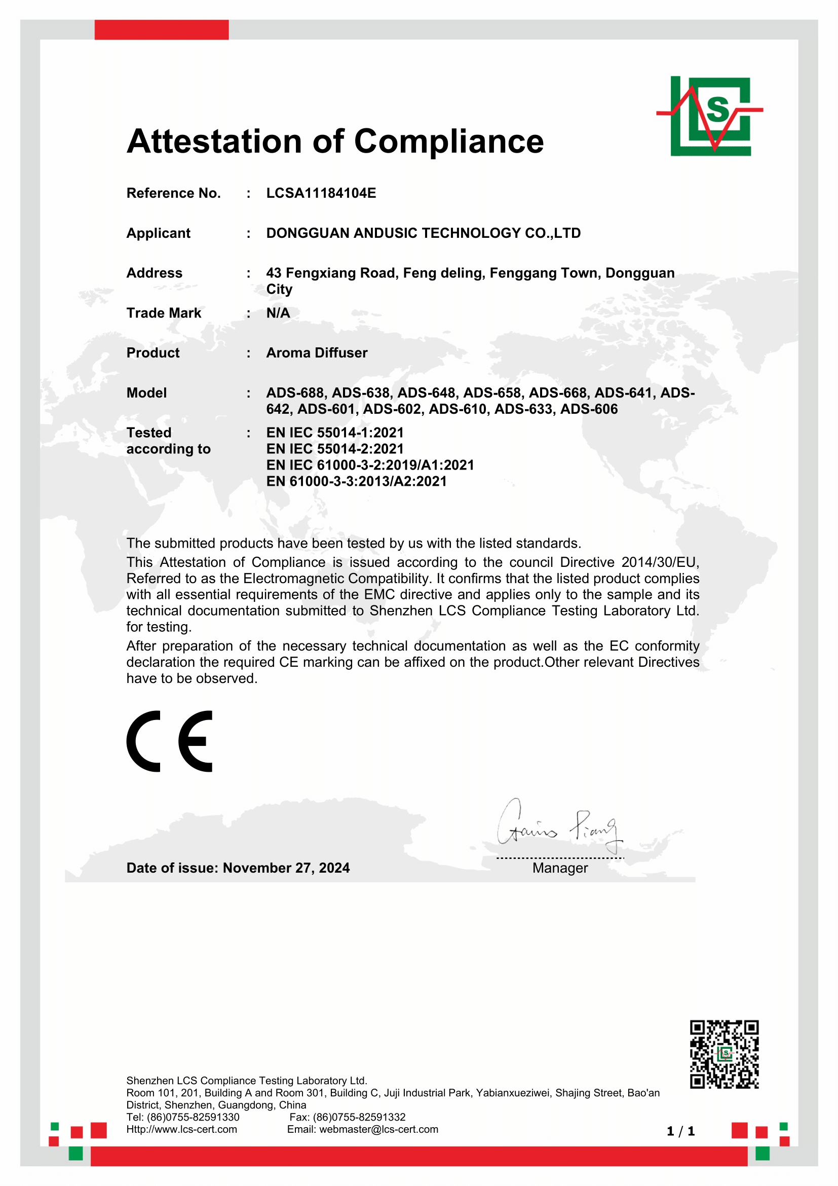 Dongguan Andusic Intelligent Technology Co., Ltd. Certifications