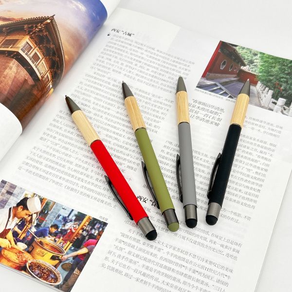 Creative Bamboo Grip School Plastic Ballpoint Pen Soft Rubber Touch Screen Top Ball Pen