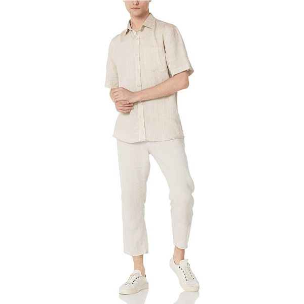 Natural Linen Mens Casual Short Sleeve Shirts Open Neck Tab Cuff Washable