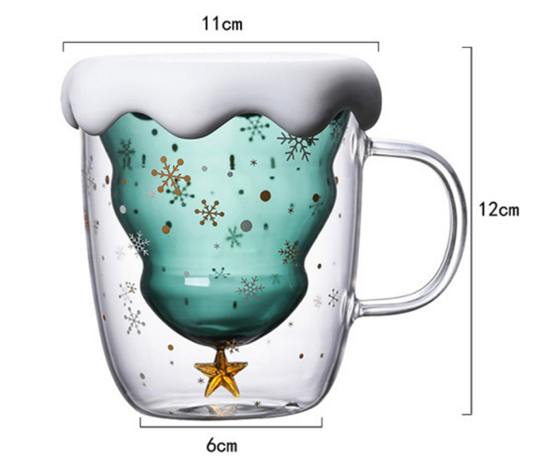 Custom Xmas Gift 200ml Double Walled Glass Coffee Cup with Christmas Tree Design
