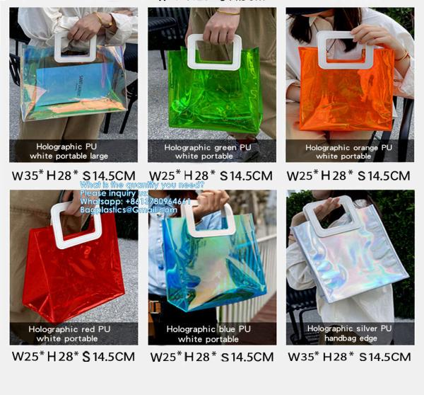 Wholesale Custom Rainbow Color Laser Shopping Bag Holographic Iridescent Jelly Clear PVC Tote Bag Popular Fashion Beach Accept Shiny Reusable Hologram Clear Laser Transparent Pvc Tote Bag