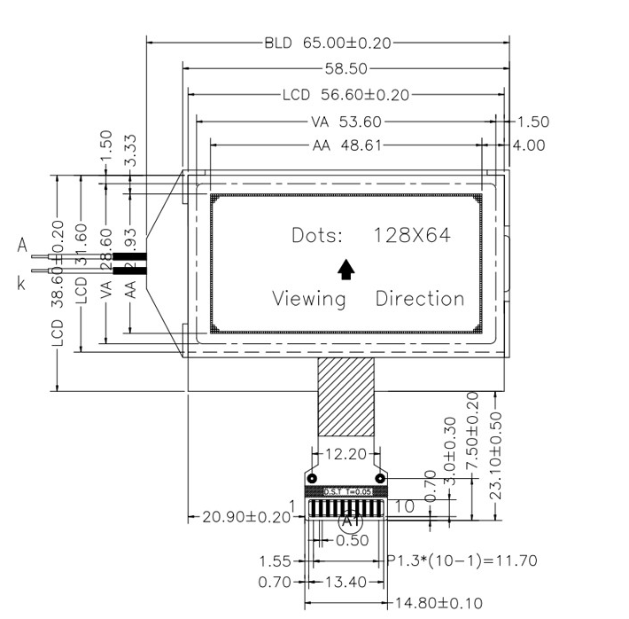 Green LED Backlight 10 Pins Graphic 128x64 COG LCD Display Module with High Resolution