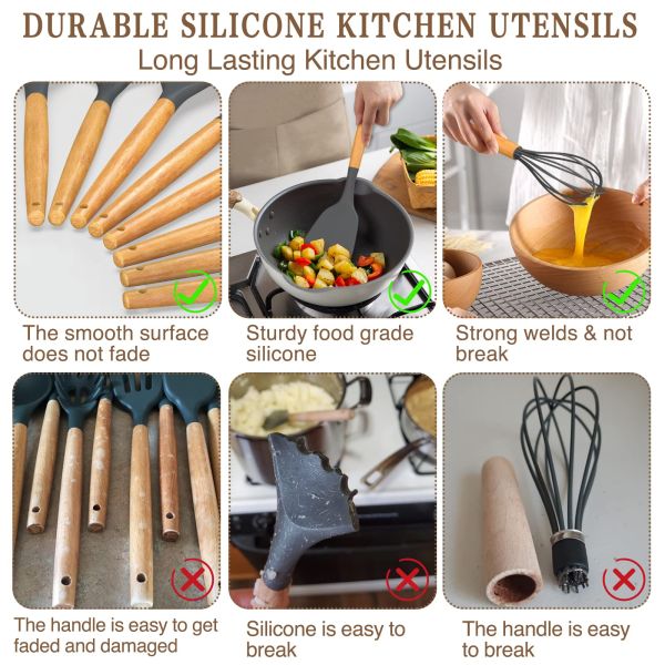 Stocked Silicone Kitchenware Cookware Sets With Wooden Handle Heat Resistant for OEM/ODM