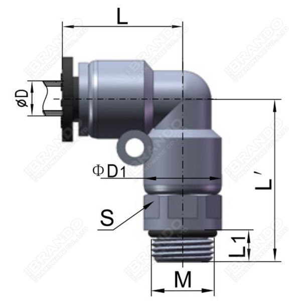 Соединение локтя PL мужское нажим 90 градусов пластиковый на пневматическом штуцере шланга 1/8
