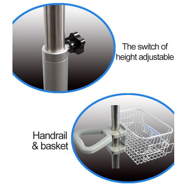 Aluminum Alloy 5 Leg Cardiac Patient Monitor Stand With Basket