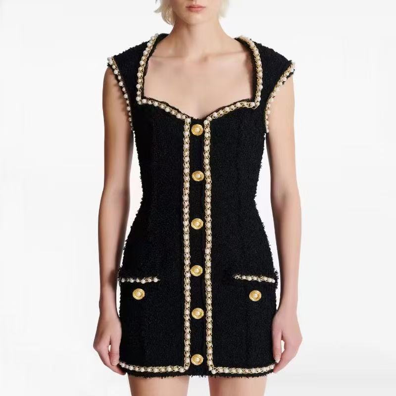 Women's Pearl & Gold Chain Trim Tweed Mini Dress with Slim Waist Shaping and Luxury Boutique Style