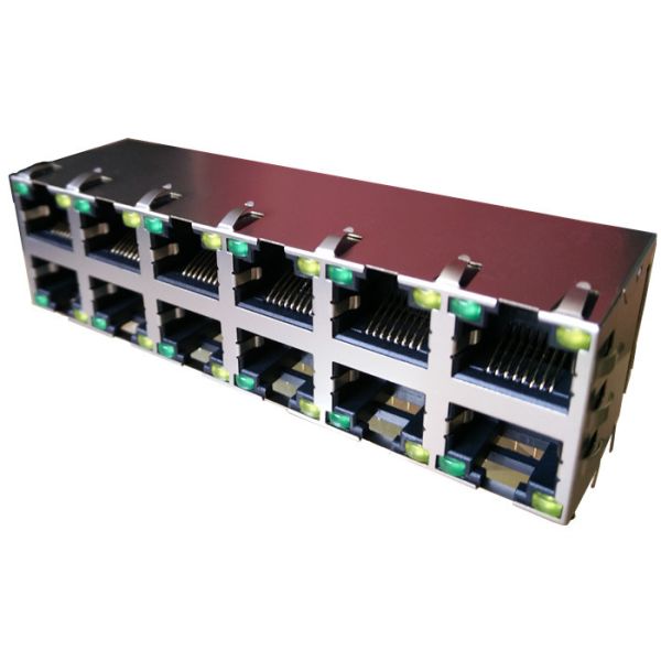 0811-2X6R-28 Stacked Rj45 Modular Jack Gigabit 2x6 Port MAG45 Shield With Leds