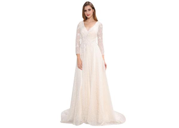 White Lace Beaded Long Sleeve Evening Gowns Maxi For Wedding Prom