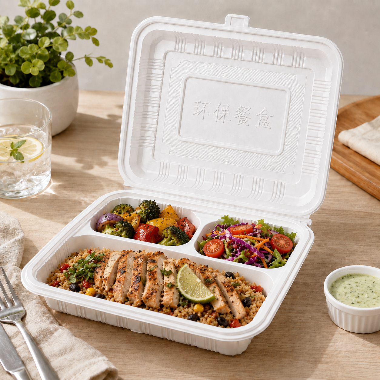 Three Compartment PP Clamshell Take Out Box for Main Course / Side Dish