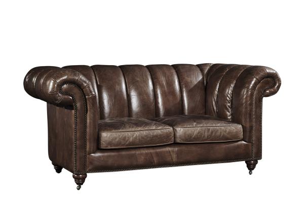 Solid Wood Legs Two Seater Brown Leather Settee , Chesterfield Sofa Bed With Universal Wheels