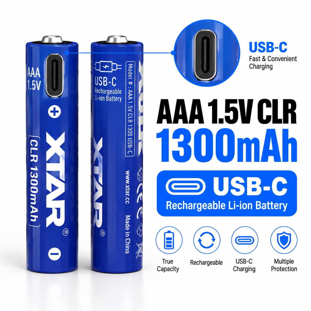 1.5V USB-C Direct Charging AAA Batteries with 1200+ Recharge Cycles and 750mAh High Capacity