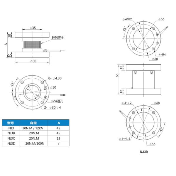 NS-NJ3 Series Static Torque Sensor 0 To 20Nm 0 To 100kg  Interface Torque Transducer