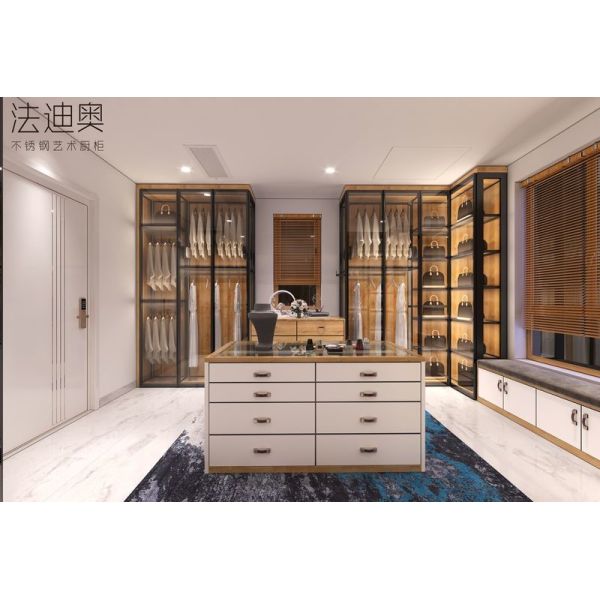 Stainless Steel Open Walk-In Closet with Glass Doors and Jewelry Box