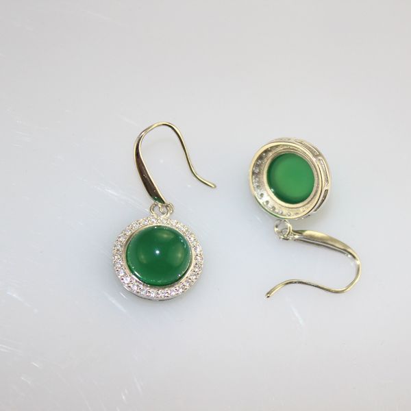 Sterling Silver 9mm Round Green Jade  Cubic Zirconia Dangle Earrings( PSJ025E)