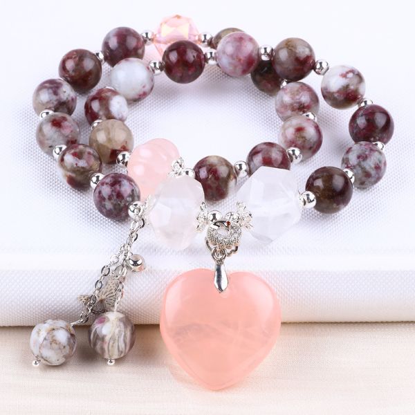 Pulm Blossom Tourmaline Rose Quartz Heart Dangle Charm Stretch Double Layer Bead Bracelet