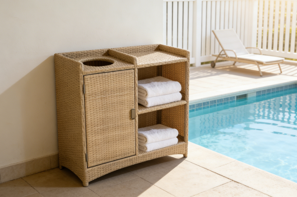 All in One Handwoven Rattan Towel Storage Solution with Towel Bin for Hotel Pool Resort
