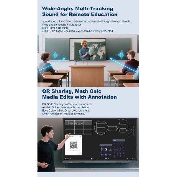 65 Inch B type AI Empowered Smart Interactive Whiteboard with Android 14 and 48MP Camera for Education and Conference