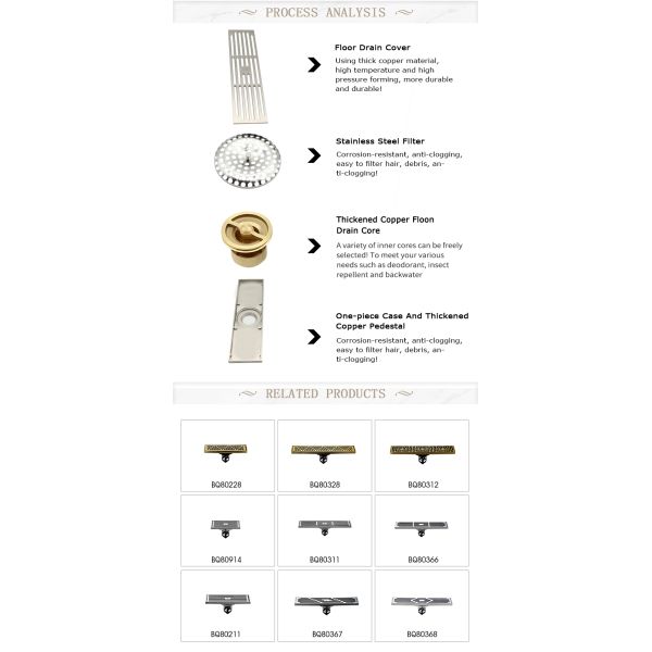 Hotel Bathroom Basin Long Floor Drain with Antique Design Style and Strainer Mat