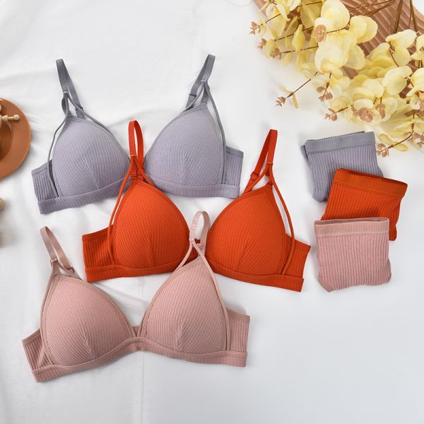 Wholesale High Quality New Fashion Bra With Thong Panty Set Cotton Quality Breathable Wire-Free Pad Adjusted Straps Bra