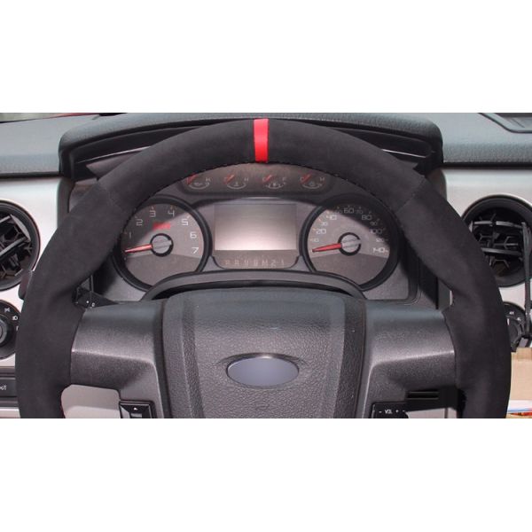 Hand Sewing Stitching Black Suede Red Stripe Steering Wheel Cover for Ford F150 F-150