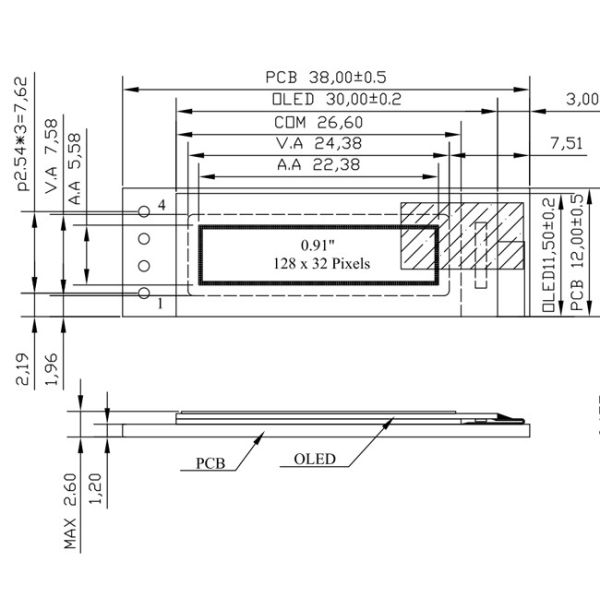модуль дисплея 3V 5V 128x32 OLED штыри 0,91 дюймов 4 с SSD1306 водителем IC