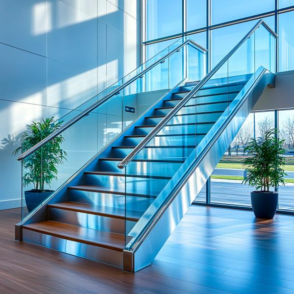 Sturdy Brushed Stainless Steel Handrails with Toughened Glass Support for Balustrades