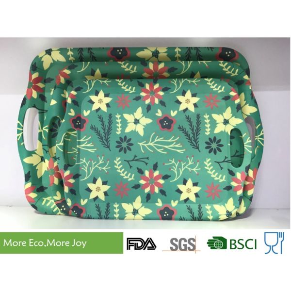 Top Selling Cheap price customized prints Anti-slip Bamboo Fiber Tray Wooden Food Tray Plastic Serving Tray 3-pc set