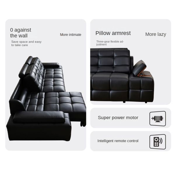 Modern Genuine Leather Straight Sofa Bed Multi-Functional Extendable Recliner Sectional Electric Living Room Villa