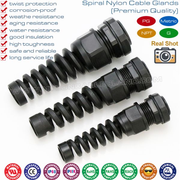 Spiral PG Watertight Cable Glands and Metric Hermetic Cable Glands with Strain Relief (Standard Type & Divided Type) Spiral PG Watertight Cable Glands and Metric Hermetic Cable Glands with Strain Relief (Standard Type & Divided Type)