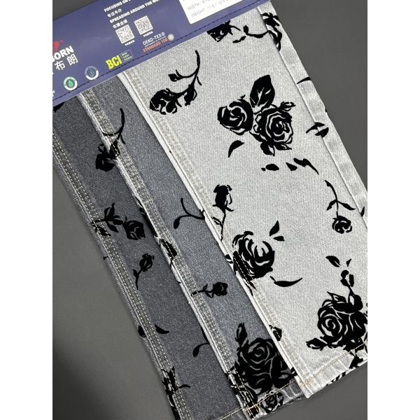 Sulphur Grey Flocked Denim Fabric Rose Woven Denim Fabric 157cm Width