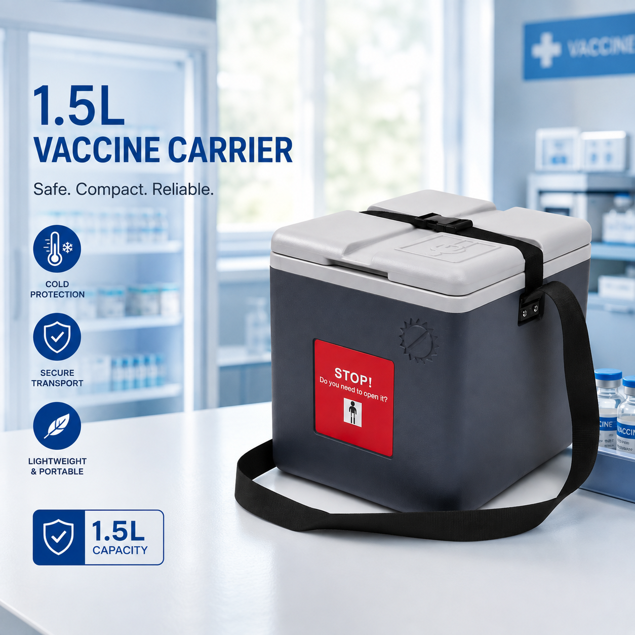 Insulated Plastic Phefon 1.5L Vaccine Storage Container Vaccine Cold Box Designed for Temperature Control and Secure Vaccine Transportation