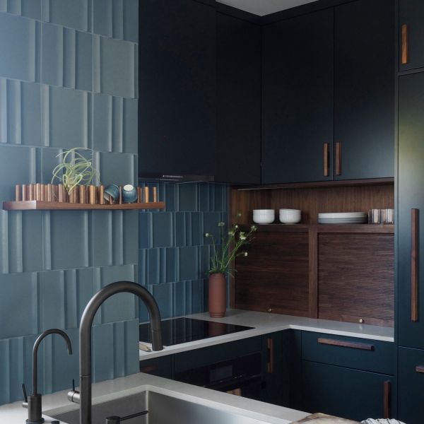 Hotel Modern Design Save Space U Shape Small Kitchen Wooden Handle Dark Blue Matte Lacquer Finish Cabinets