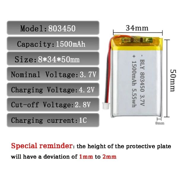 1S1P 3.7 V 1500mAh Lipo Battery 803450 Lipo Pouch Battery With JST PH Connector