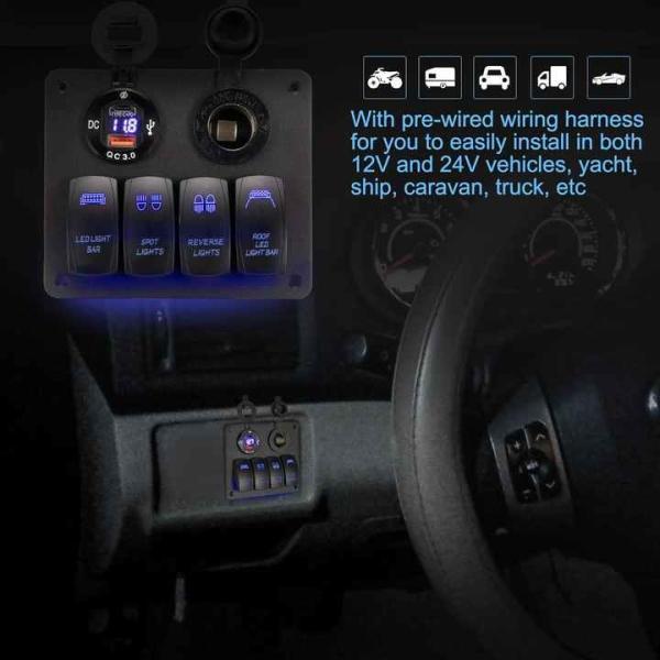 IP67 Waterproof  6 Gang Marine Rocker Switch Panel With Dual USB Lighter Socket Voltmeter