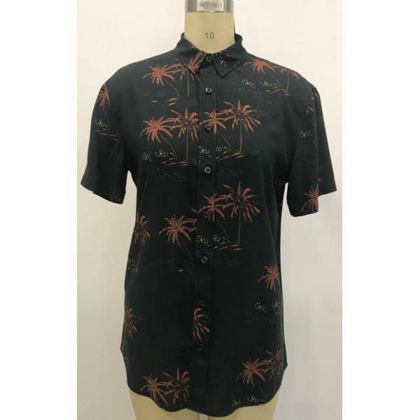 100% Viscose Summer Casual Leaf Print Short Sleeve Shirt Beach Style