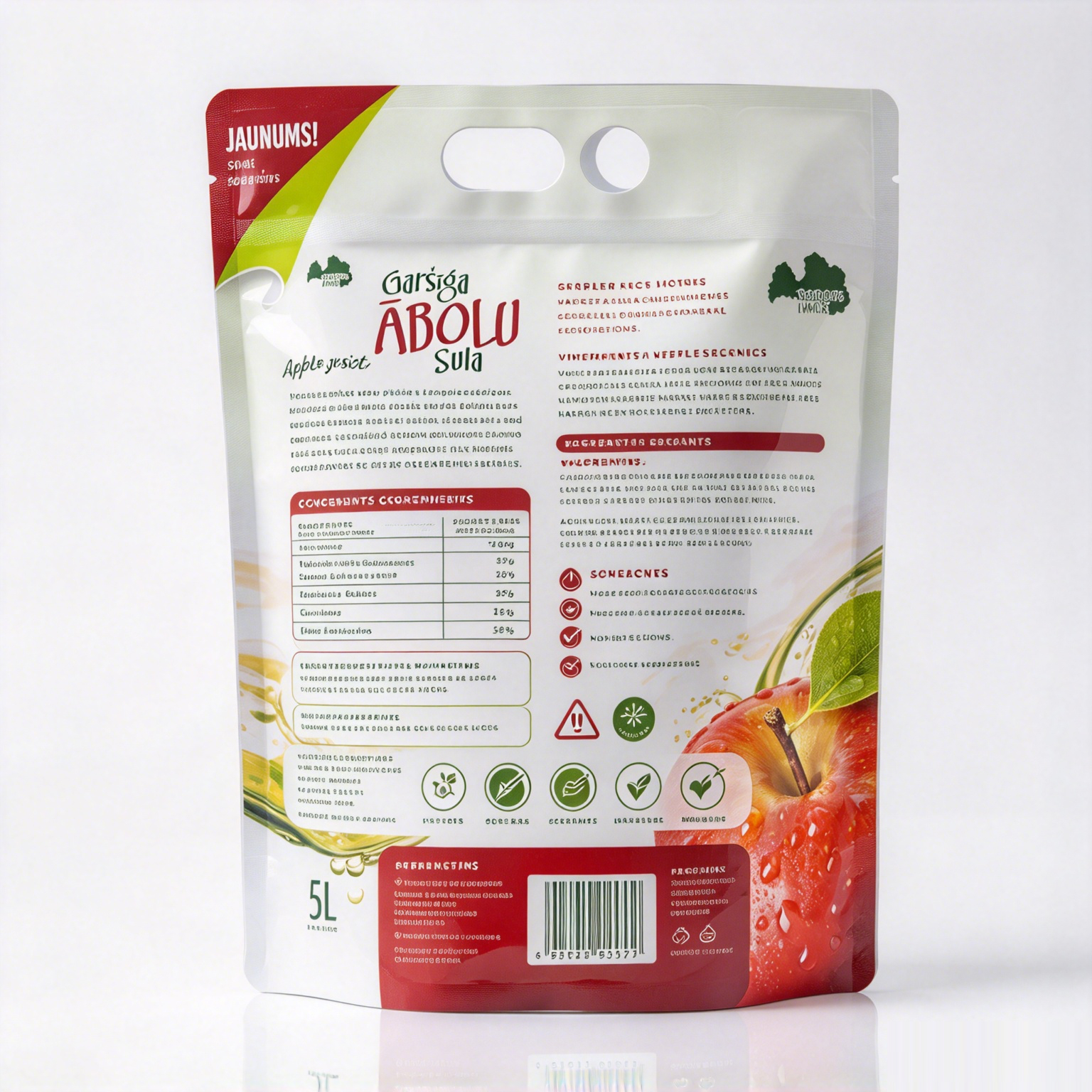 Custom Printed 5L Stand‑up BIB Bag‑in‑Box Pouch with Butterfly Tap & Die Cut Handle for Apple Fruit Juice Beverage Packaging