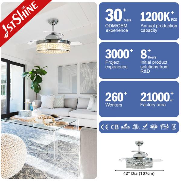 Retractable Blades DC Motor Low Energy Crystal Ceiling Fan Light For Bedroom