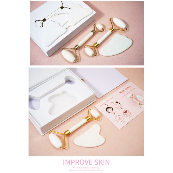Skin Care Tool Natural White Jade Stone Gua Sha Scraping Board Guasha Face Roller Gift Box Set for Body Muscles Massage