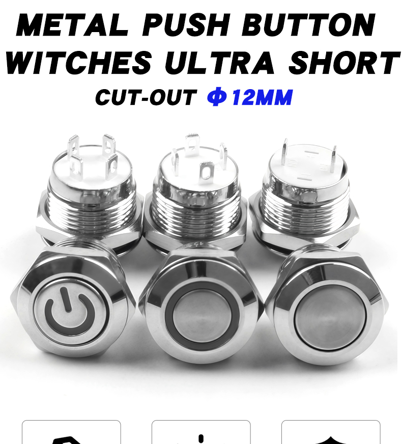 Short-Throw Self-Reset Momentary 12mm LED  Metal Push Button Switch Waterproof IP65