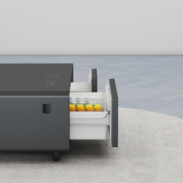 Living Room Black Smart Coffee Table with Small Refrigerator and Wireless Charging