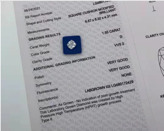 1.55 Ct D VVS2 VG Лабораторно выращенный бриллиант Ювелирные изделия HPHT Квадратная подушка бриллиант