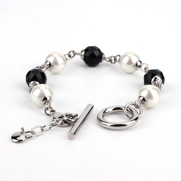 Wholesale Black White Design Stainless Steel Glass Pearl Beaded Bracelet