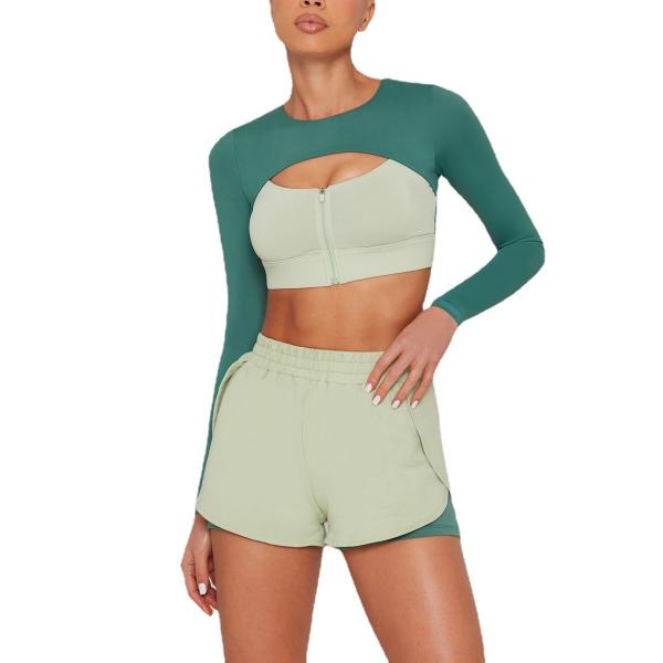 Double-padded yoga suit, solid-color zip-up, long-sleeved blazer, women's fitness suit