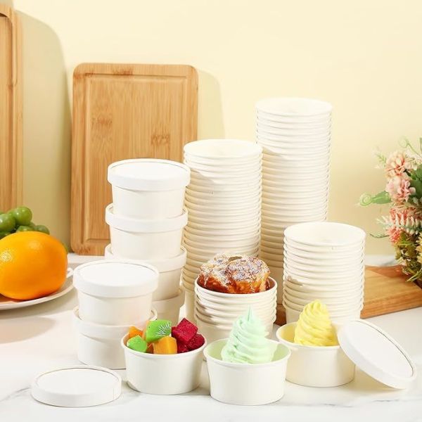 4oz White Paper Soup Containers with Lids Disposable Paper Food Containers with Vented Lid Kraft Ice Cream Cake Dessert Cups Soup Bowl for Party Hot Food Fruit