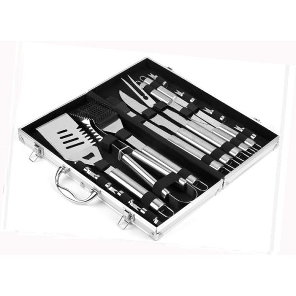 Wholesale Small Quantity 18PCS Stainless Steel  BBQ Tool With Aluminum Box For Outdoor Tool