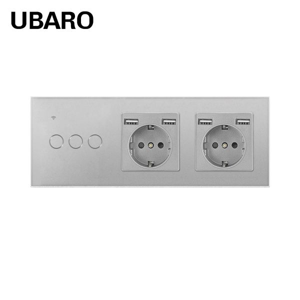 UBARO Smart WiFi 3-Gang Touch Light Switch & Dual EU Schuko Outlets with 4 USB-A Charging Ports | Silver Tempered Glass Wall Plate