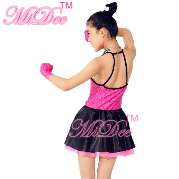 Fancy Polyester Lycra Girl Jazz Dance Dress With Rhinestones Choker Collar