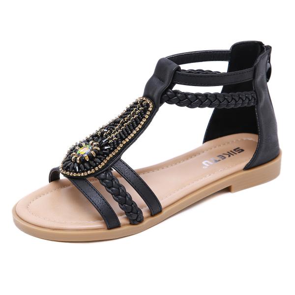 BS140 New Summer Sandals Female Bohemia Retro Beaded Zipper Rhinestone Roman Sandals Flat Shoes Wholesale Brand Shoes To